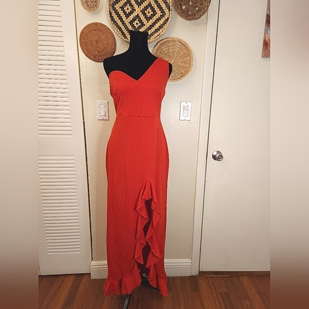 One Shoulder Red Cascading Maxi Dress With Ruffles